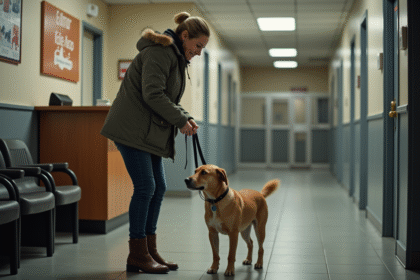 Femme avec chien dans refuge animalier