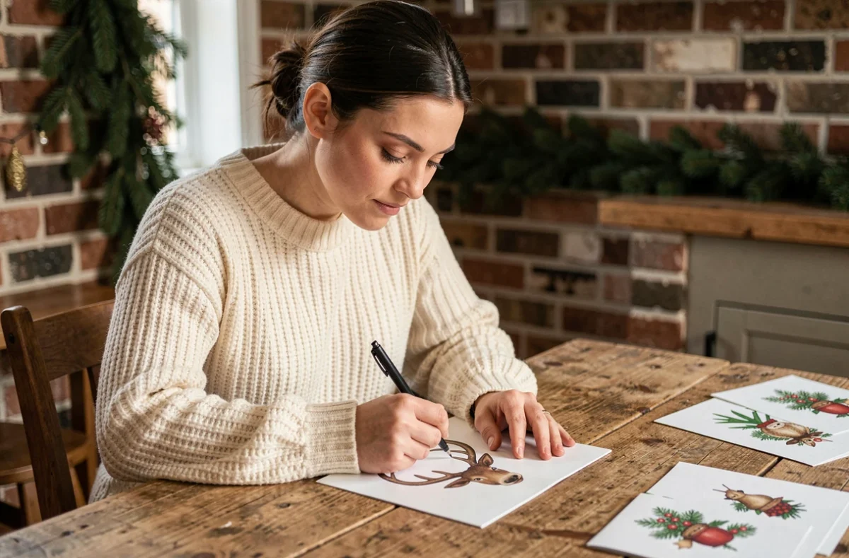 Femme dessinant une tête de renne sur une carte de vœux de Noël dans une cuisine rustique