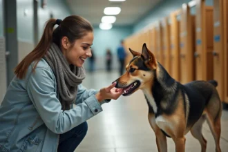 Femme souriante rencontrant un chien dans un centre d'adoption