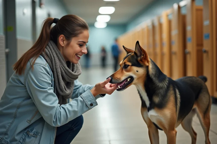 Femme souriante rencontrant un chien dans un centre d'adoption