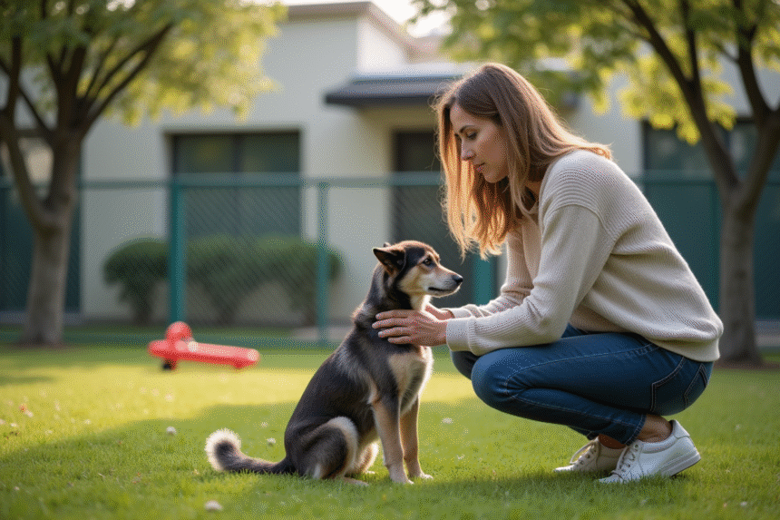 Femme et chien dans un jardin d'abri animalier