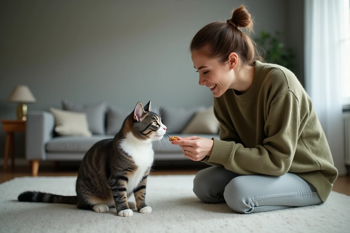 Femme entraînant son chat Highlander gris et blanc avec une friandise, séance d'éducation positive dans un appartement moderne