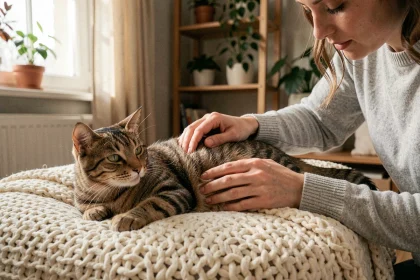 Femme examinant doucement un chat malade couché sur une couverture moelleuse à la maison