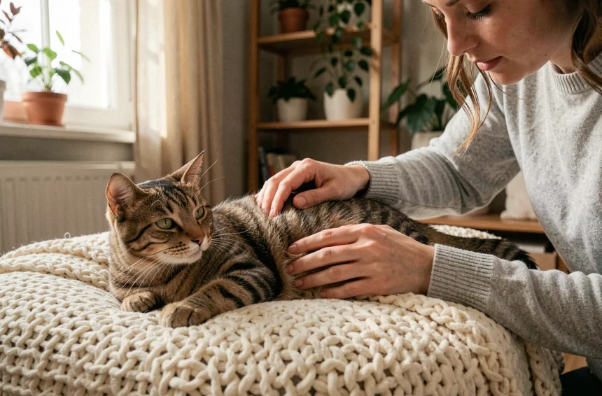 Femme examinant doucement un chat malade couché sur une couverture moelleuse à la maison