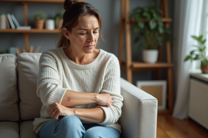 Femme d'âge moyen examinant des taches rouges sur son bras