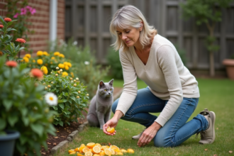 Femme jardinage avec écorces de citrus dans un jardin
