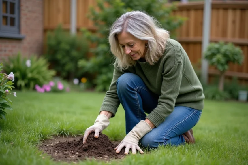 Femme au jardin observant des excréments de renard dans son jardin