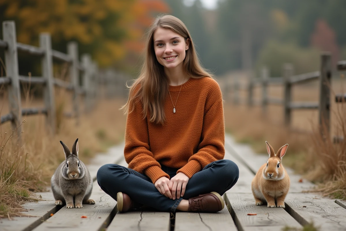 Jeune femme entourée de lapins dans un jardin rural en automne, évoquant les tendances bien-être animal de 2026