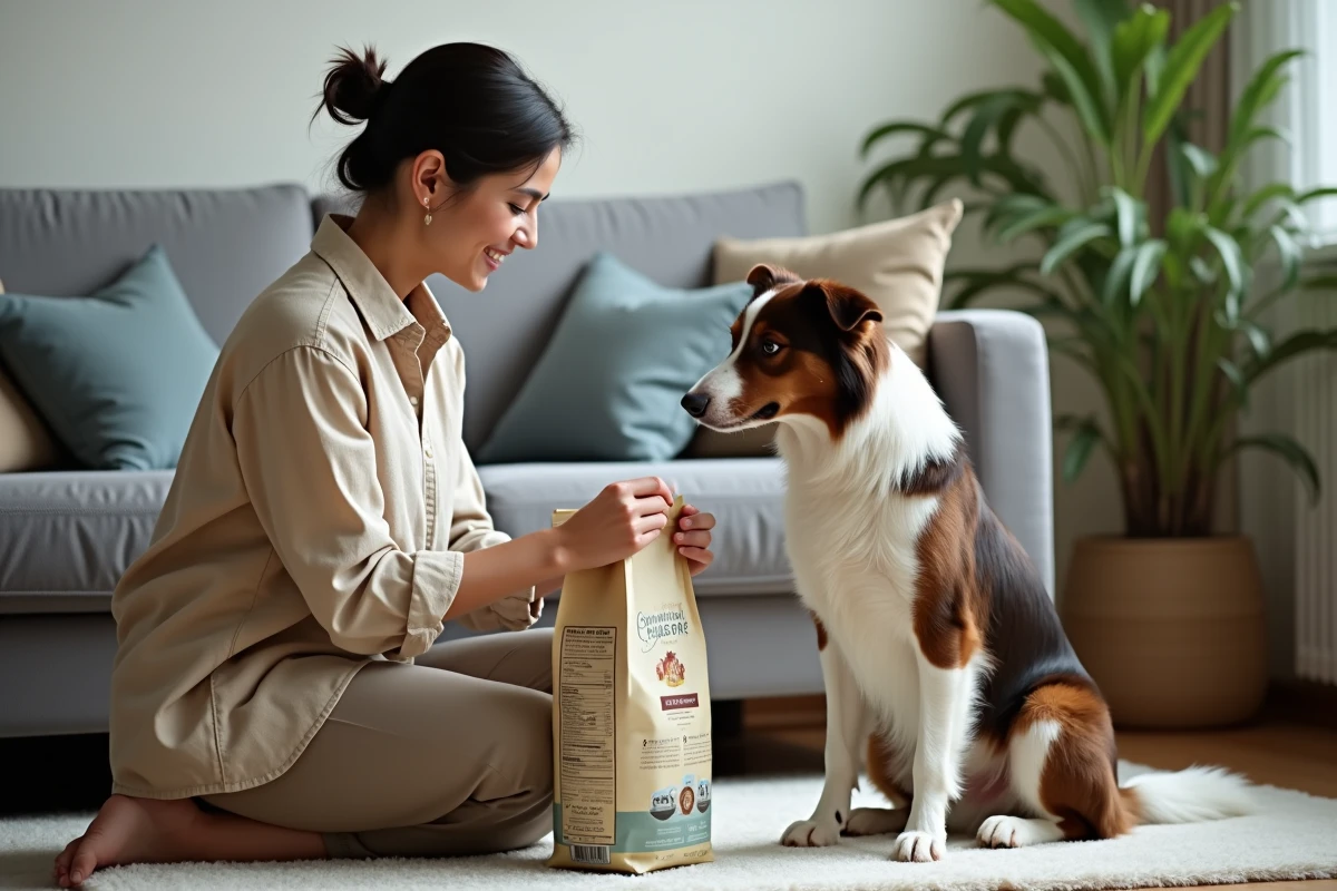 Femme lisant les ingrédients d'un sac de croquettes ultra premium pour son chien border collie