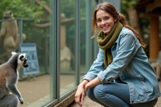 Jeune femme souriante près d'un lemur au zoo La Palmyre
