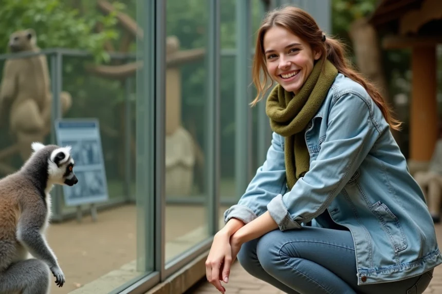 Jeune femme souriante près d'un lemur au zoo La Palmyre