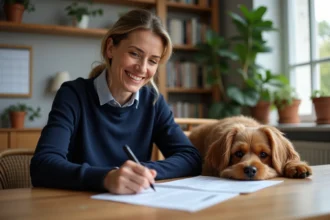 Femme souriante remplissant des papiers à la maison avec son chien