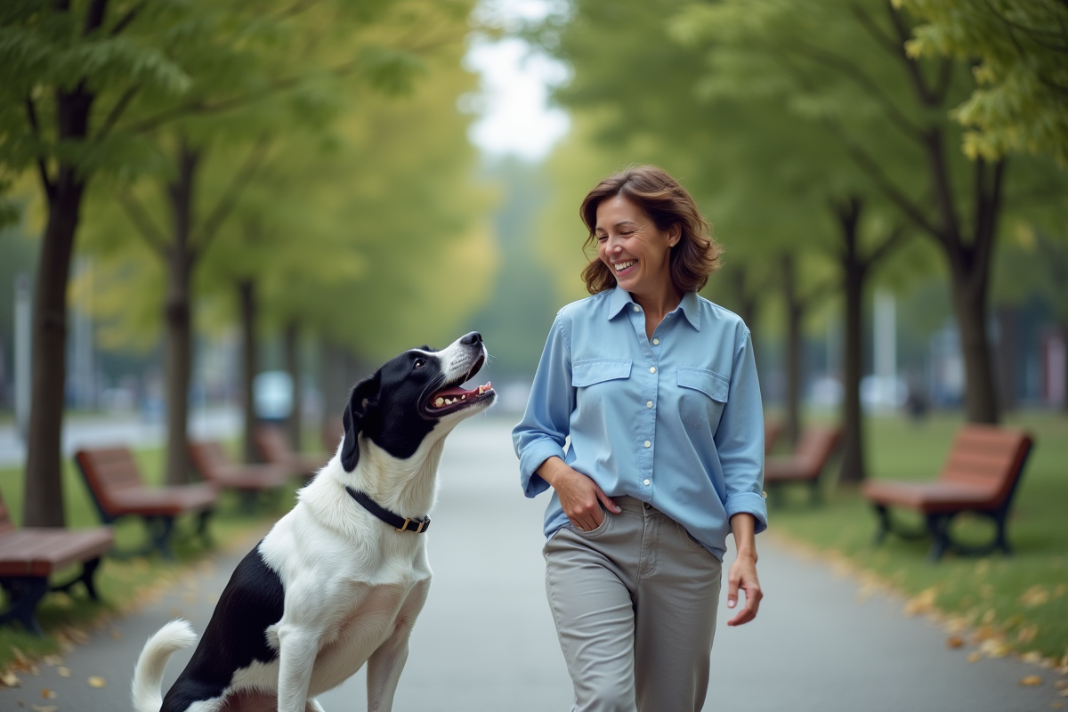 Femme marchant avec chien dans un parc urbain