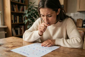 Femme concentrée jouant au Petit Bac avec une grille papier remplie de mots commençant par la lettre N, stylo à la main