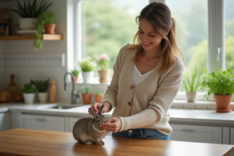 Femme souriante caressant un lapin dans la cuisine lumineuse