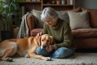 Femme réconforte son chien âgé sur un tapis