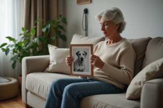Femme réfléchissant avec photo de son chien décédé