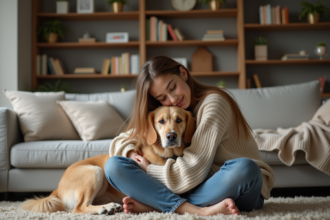Jeune femme avec chien dans un salon cosy et moderne