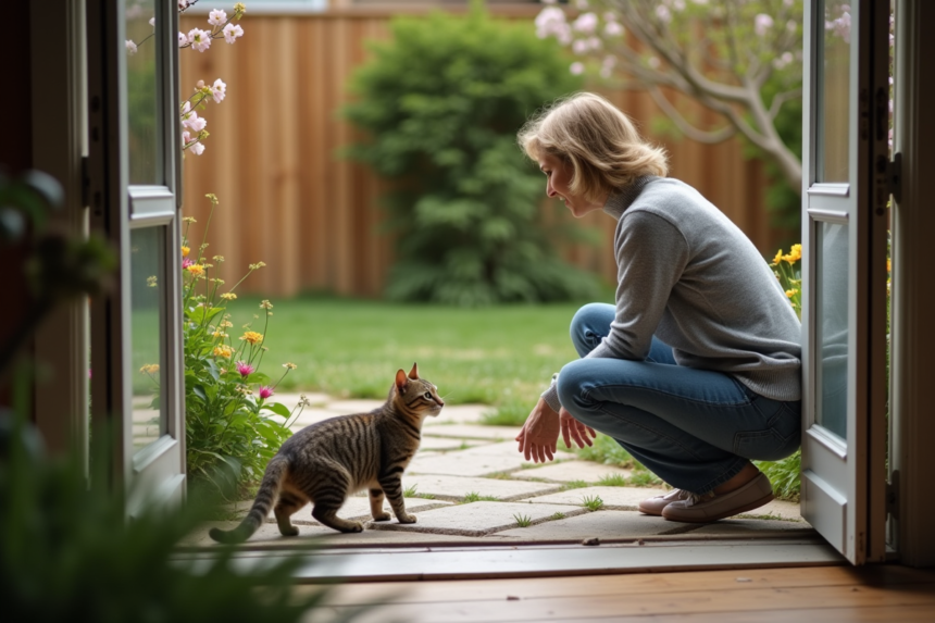 Femme dans le jardin appelle son chat tabby dehors