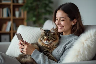 Femme souriante avec chat dans un salon cosy