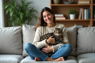 Femme assise avec un chat dans un salon lumineux