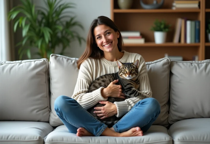 Femme assise avec un chat dans un salon lumineux