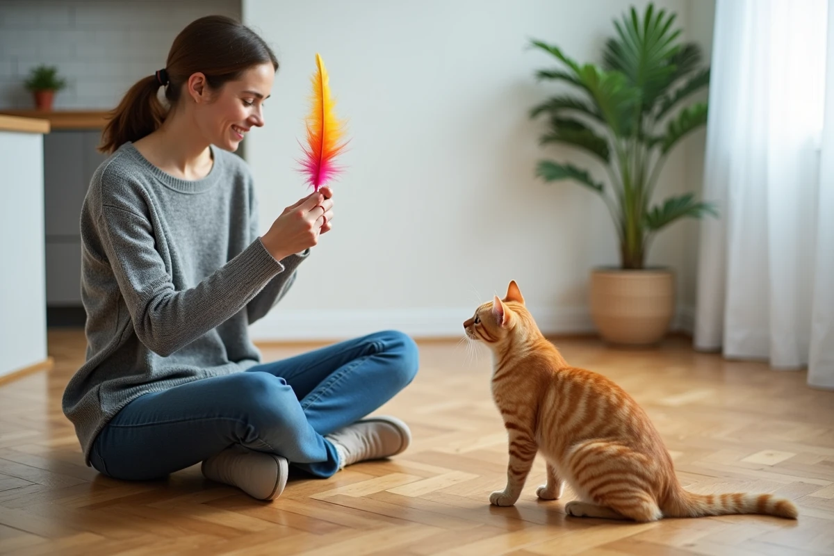 Femme jouant avec un jouet à plumes avec son chat roux attentif sur un parquet en bois dans un appartement moderne