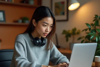 Jeune femme utilisant un tchat en ligne sur son ordinateur portable dans un bureau à domicile moderne