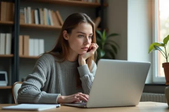 Femme utilisant un ordinateur portable avec prudence pour naviguer sur un site internet, vérifiant les informations avant de s'inscrire