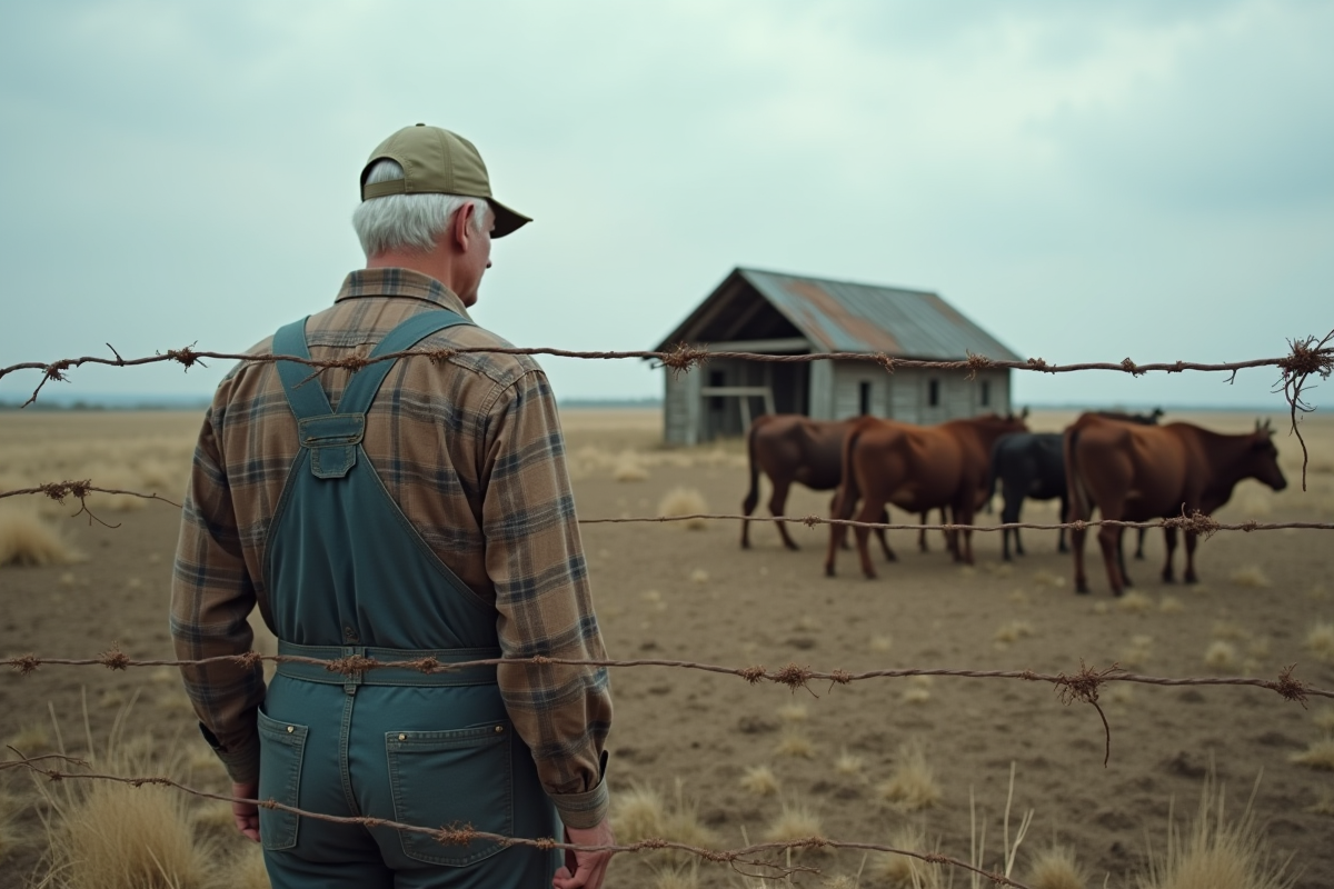 Vieux fermier observant un troupeau de vaches maigres dans un champ rural
