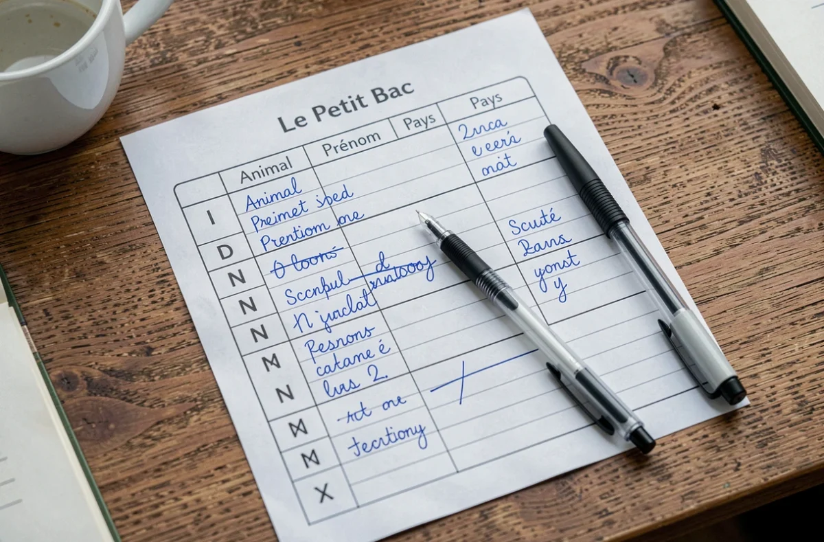 Vue aérienne d'une feuille de jeu Petit Bac remplie à la main avec des animaux et mots commençant par N, stylo bille posé sur le papier