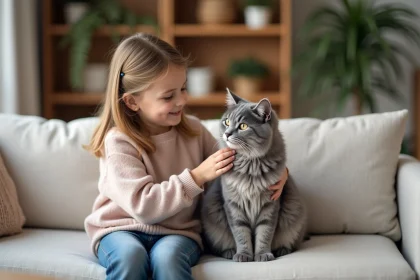 Jeune fille caressant un chat angora gris sur un canapé en lin dans un salon chaleureux