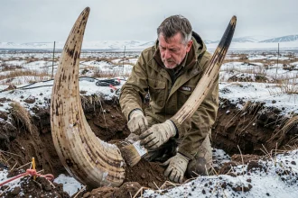 Paléontologue en train de dégager une défense de mammouth fossile dans le pergélisol arctique lors de fouilles en Sibérie