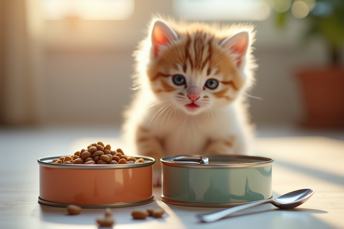 Gamelles avec nourriture humide pour chaton et chaton derrière