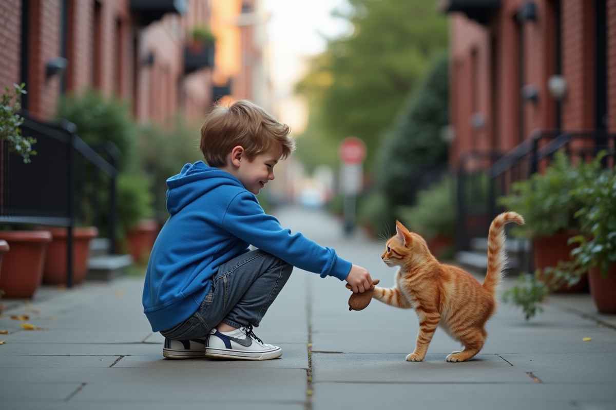 Jeune garçon tend une peluche vers un chat dans la rue