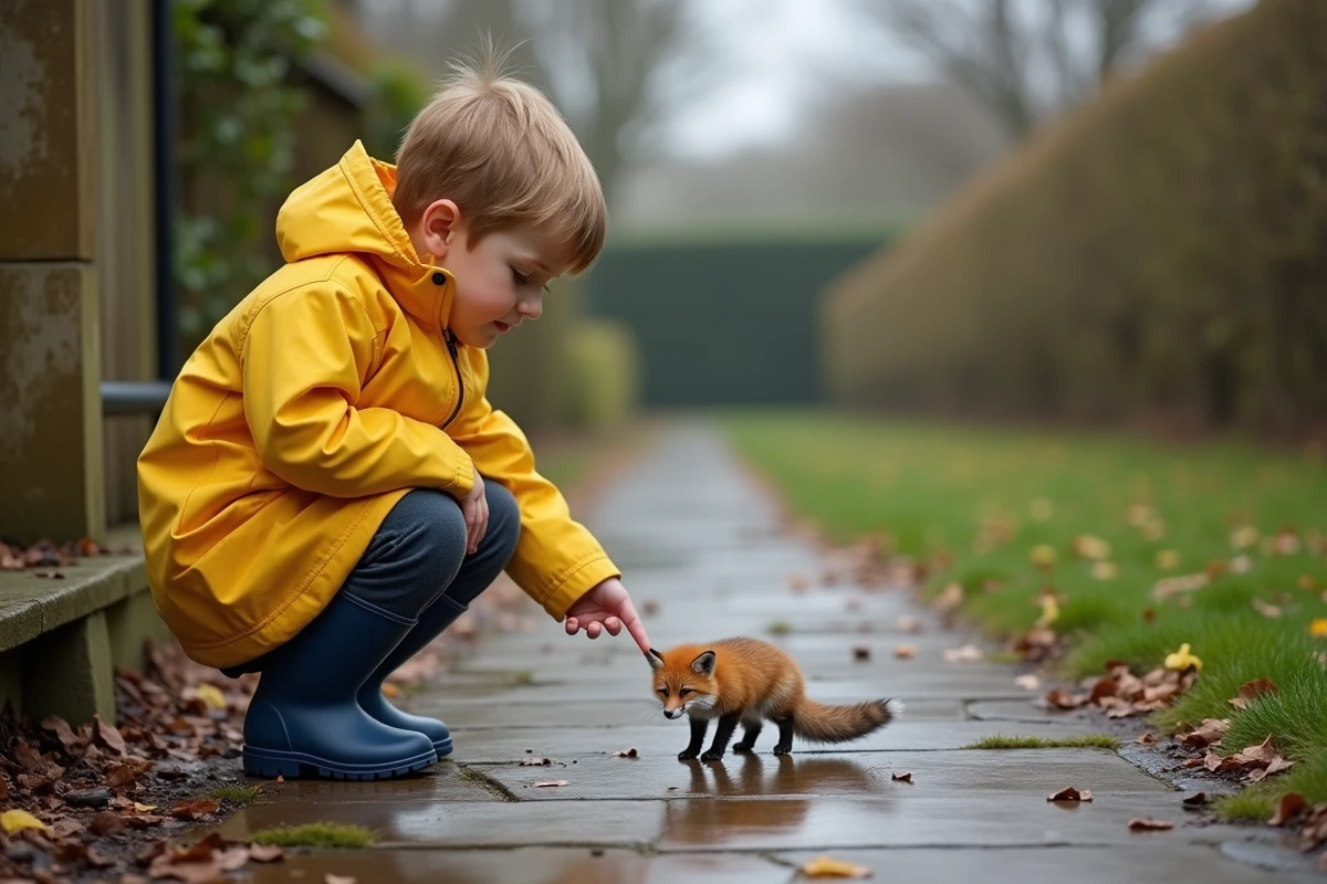 Garçon en imper jaune pointant un excrément de renard dans le jardin