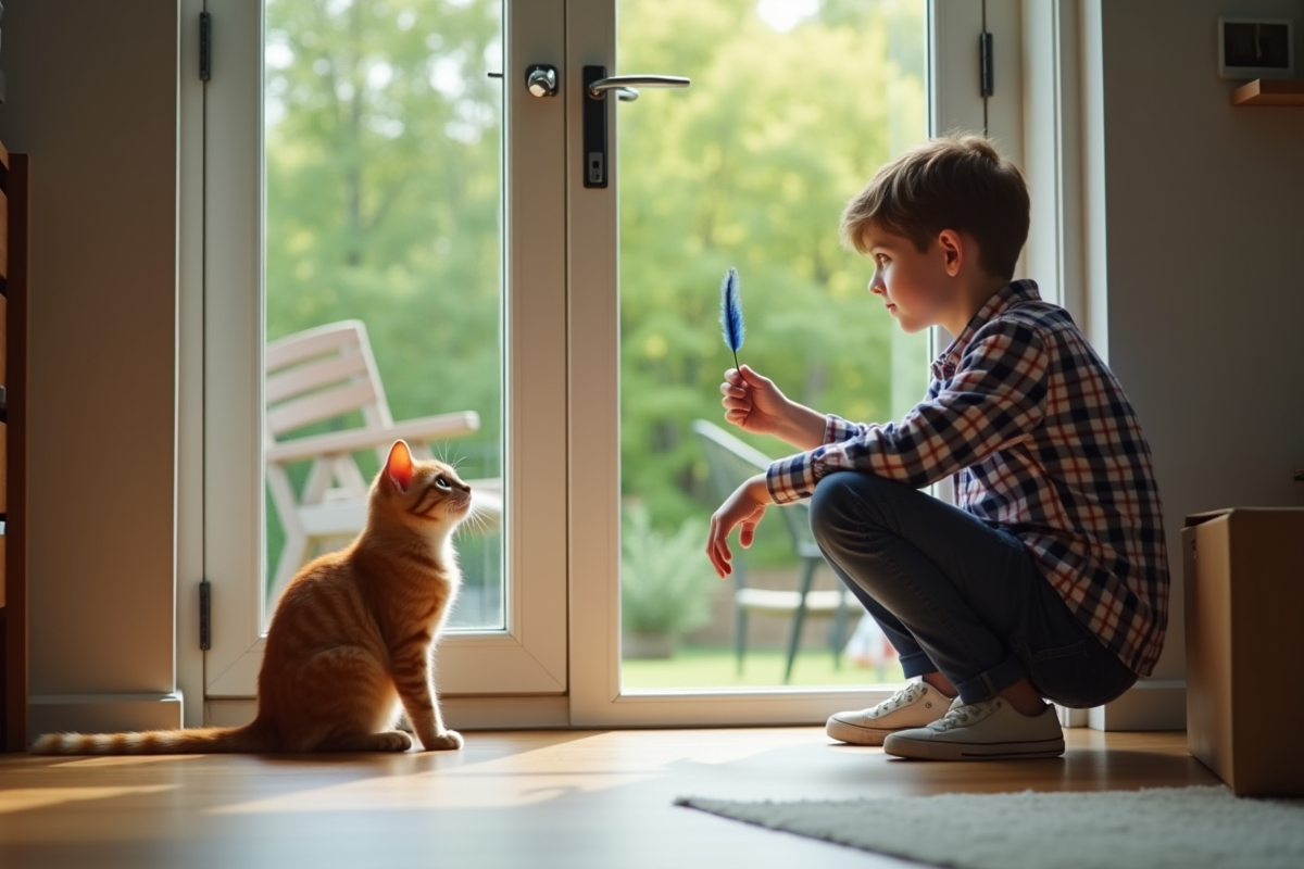 Adolescent jouant avec un chat roux près de la porte
