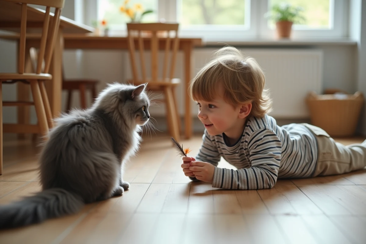 Garçon jouant avec un chat angora gris sur le sol d'une cuisine familiale