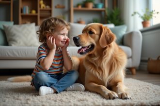 Garçon souriant avec chien golden retriever en intérieur