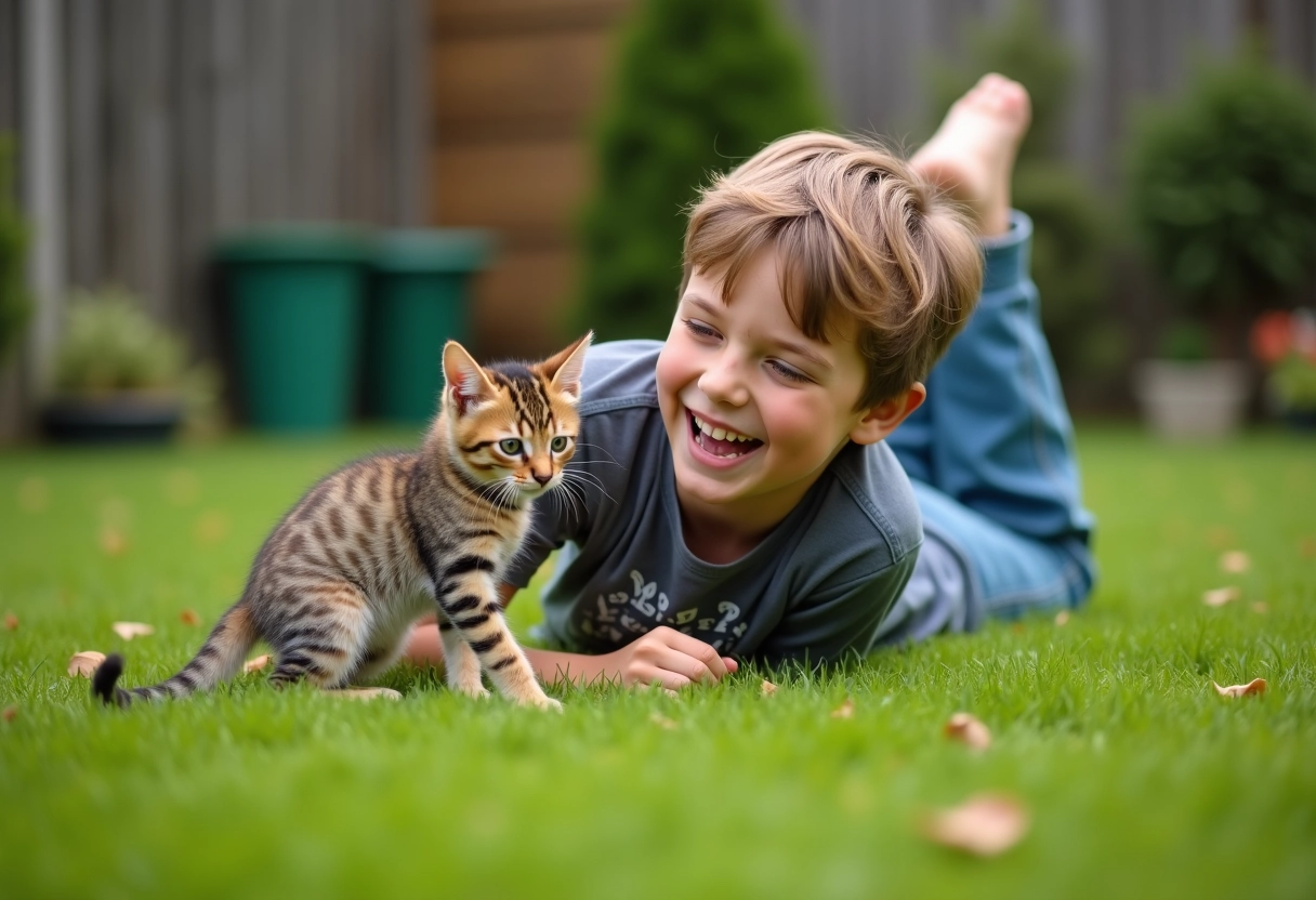 Garçon riant avec un chaton dans le jardin