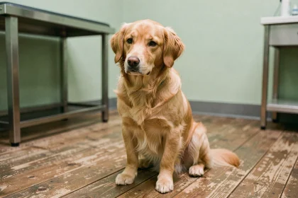 Golden Retriever miniature assis dans une salle d'examen vétérinaire, illustrant les risques de santé liés à ce format réduit