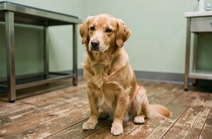 Golden Retriever miniature assis dans une salle d'examen vétérinaire, illustrant les risques de santé liés à ce format réduit