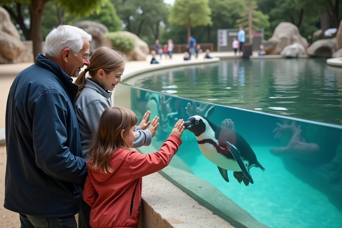 Grands-parents regardant les pingouins au zoo de La Palmyre