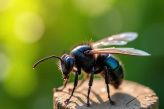 Gros insecte noir volant posé sur un piquet en bois dans un jardin, vue macro révélant les détails de l'exosquelette et des ailes