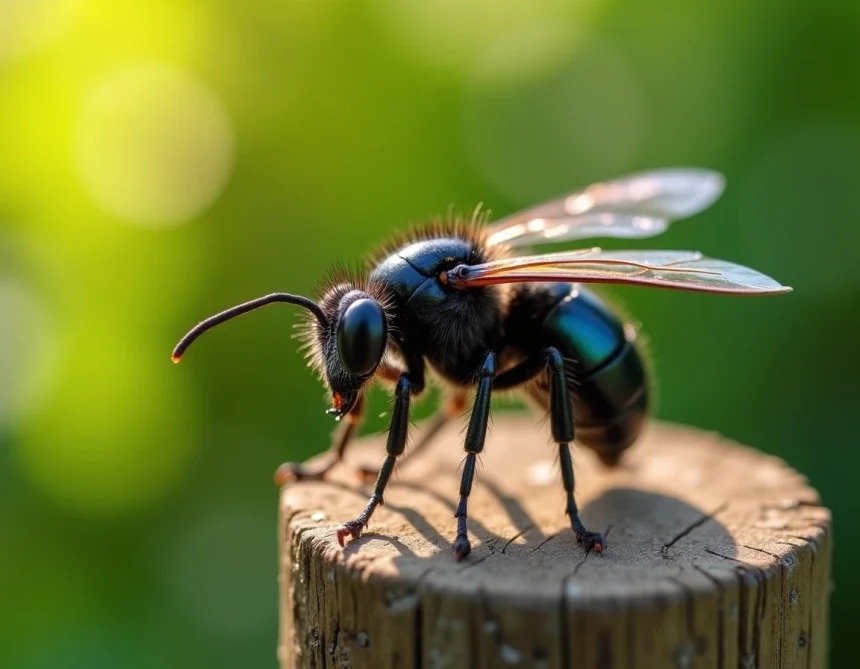 Gros insecte noir volant posé sur un piquet en bois dans un jardin, vue macro révélant les détails de l'exosquelette et des ailes