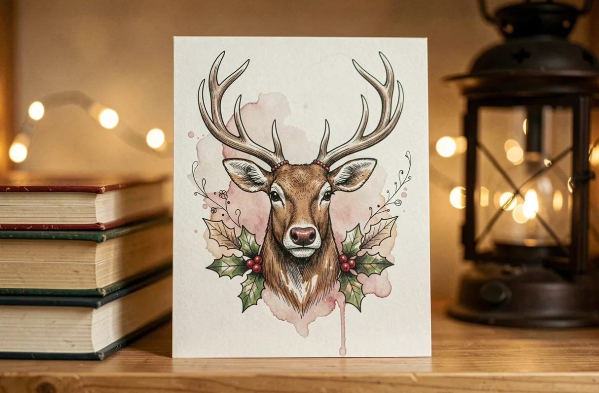 Gros plan d'une carte de vœux de Noël avec un dessin détaillé de tête de renne en aquarelle et encre noire