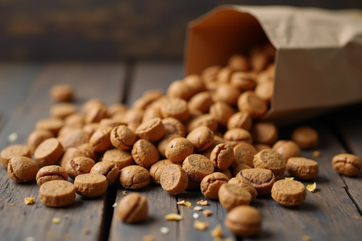 Gros plan sur des croquettes premium pour chien sur une surface en bois rustique