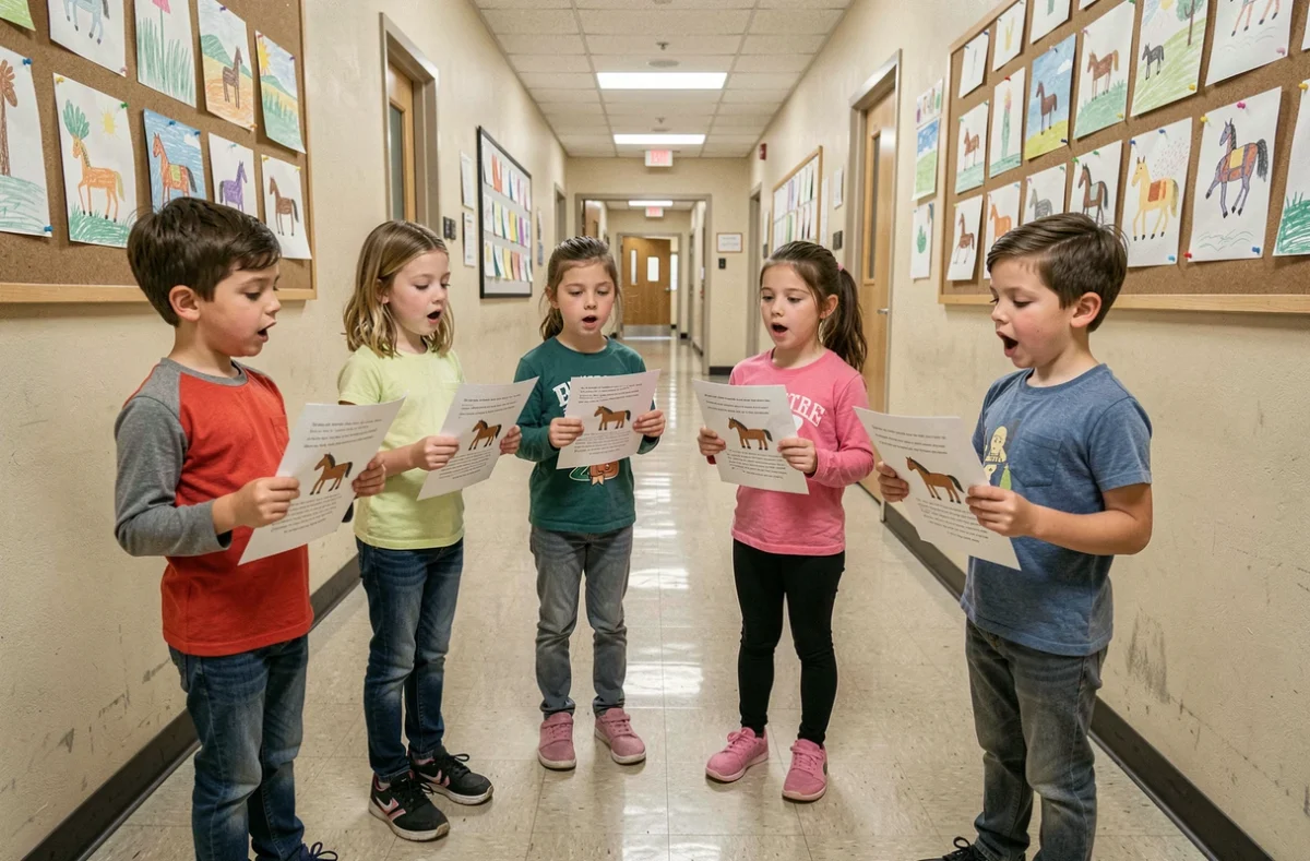 Groupe d'élèves de CE1 récitant une chanson rythmée sur le cheval dans le couloir de l'école