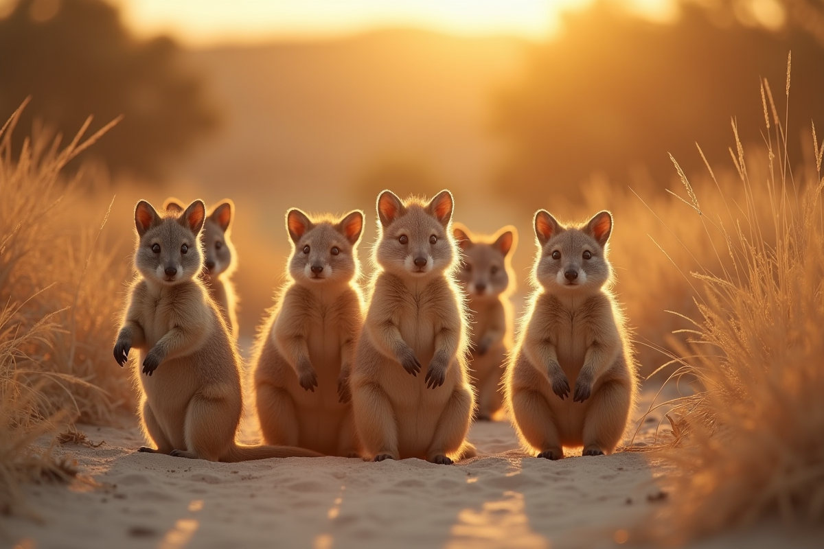 Groupe de quokkas dans leur habitat naturel au coucher du soleil