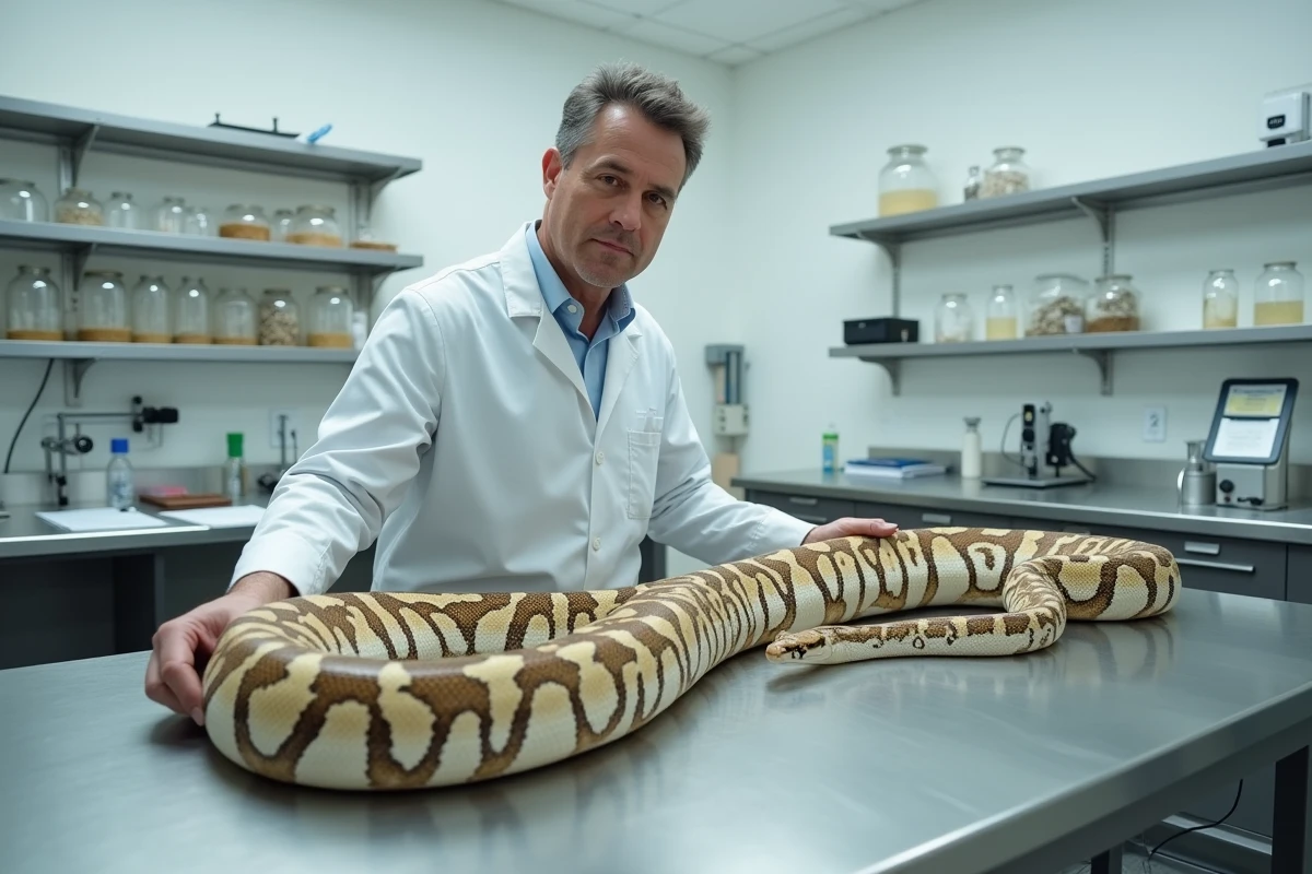 Un herpétologue examinant les écailles détaillées d'un python birman de taille record dans un laboratoire scientifique spécialisé